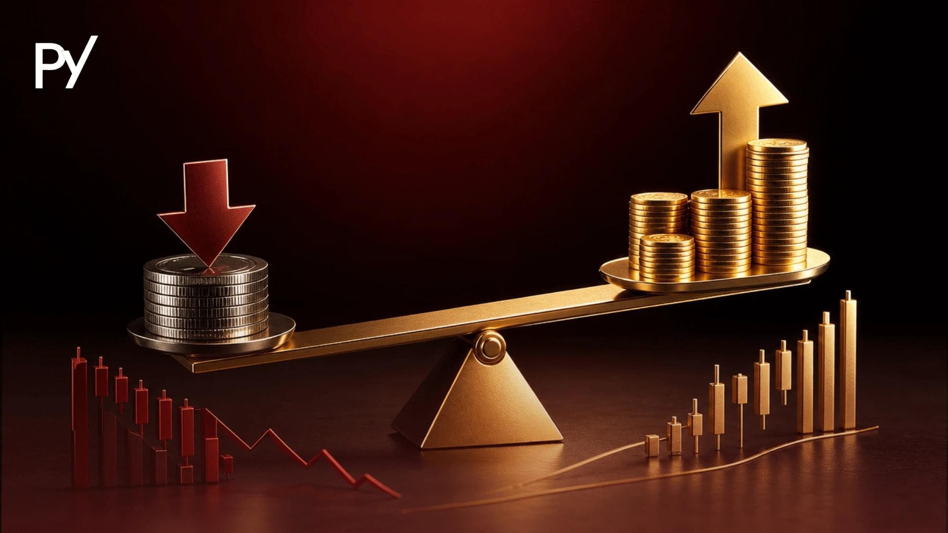 Conceptual illustration of risk-to-reward ratio showing a seesaw balancing potential downside risk against potential upside gains.