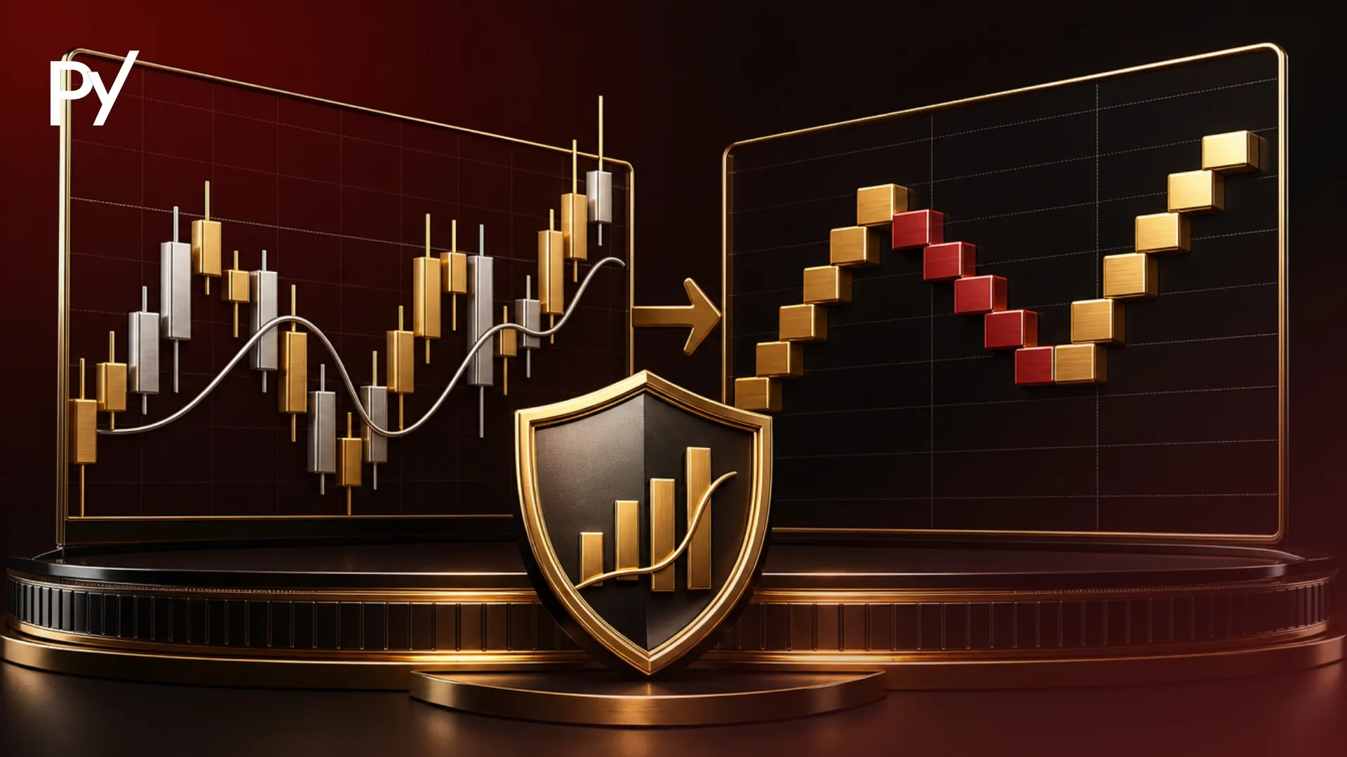 Candlestick chart on the left converting into a Renko chart of gold and red bricks on the right, with a shield icon in the center.