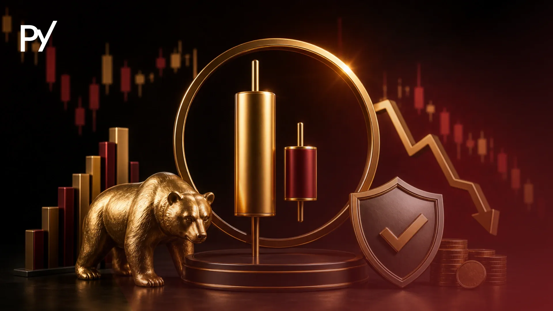 Conceptual cover illustration of a bearish harami candlestick pattern showing a 2-candle bearish reversal setup.