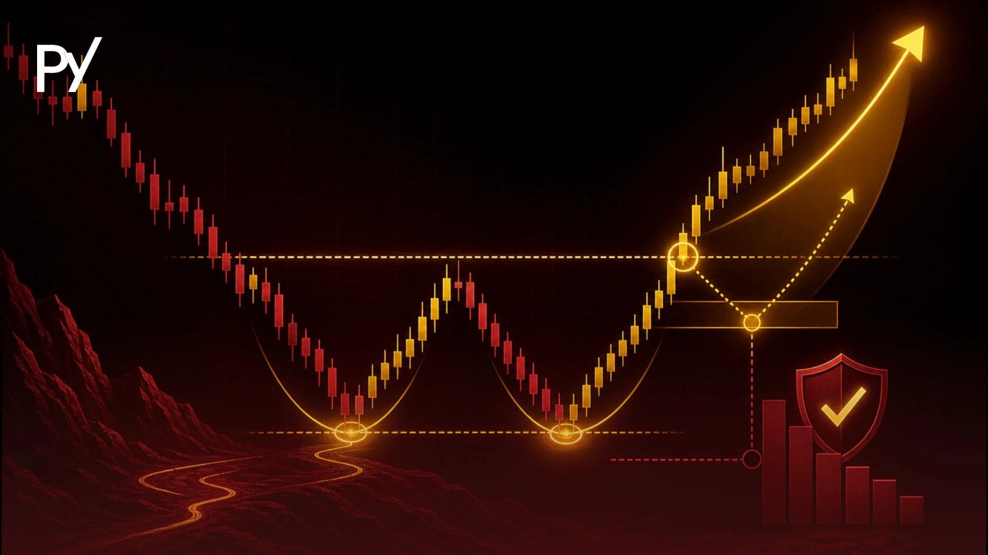 Conceptual cover illustration of a double bottom reversal pattern featuring a breakout retest setup and protective risk shield.