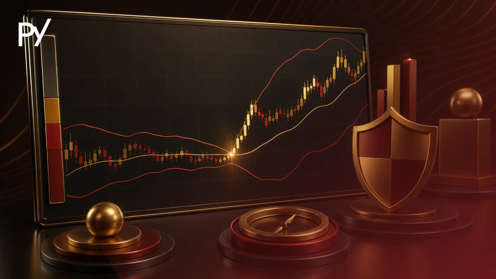 Conceptual cover illustration of a Bollinger Band volatility squeeze and breakout strategy on a dark burgundy background.
