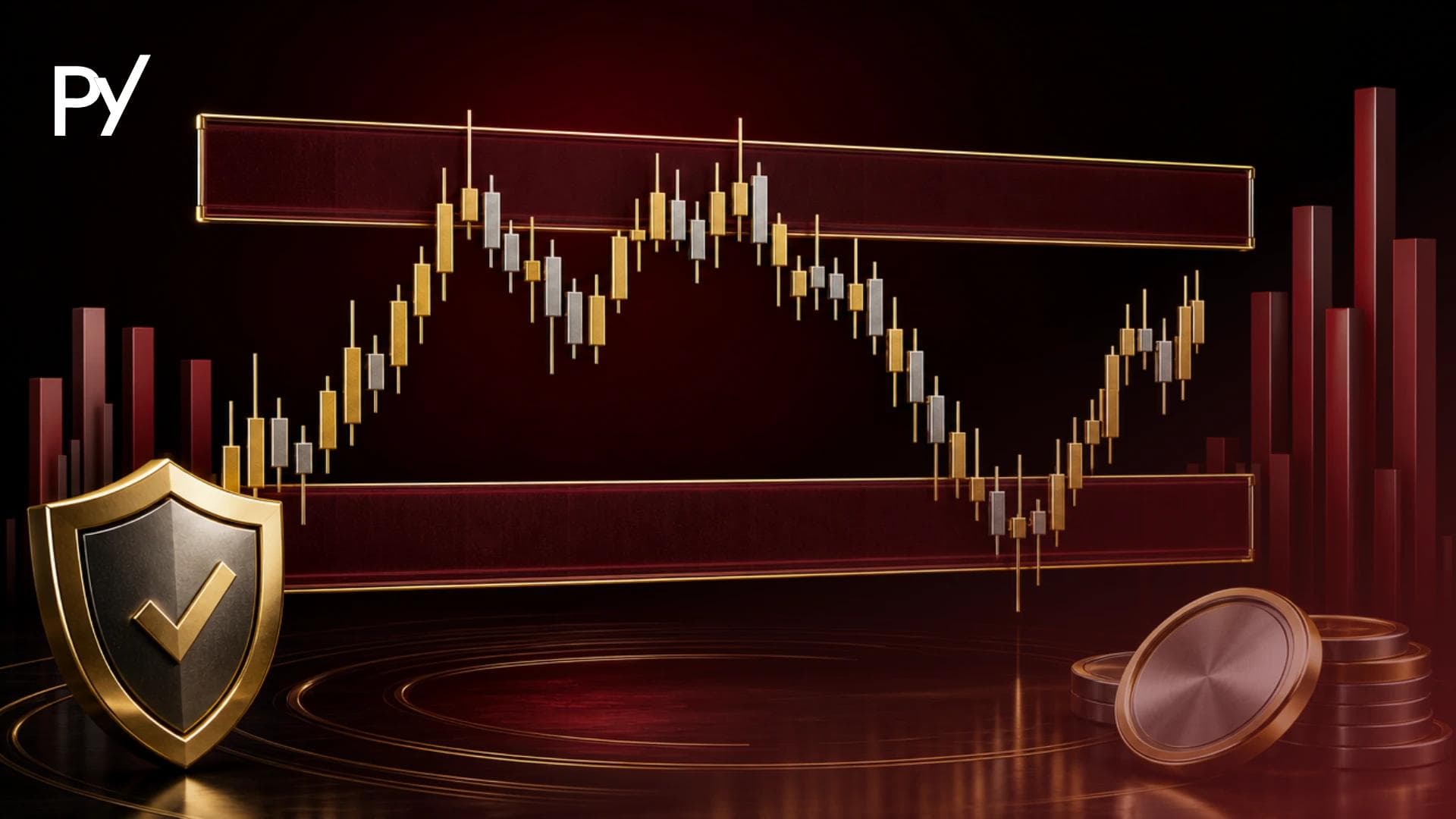 Price candlestick chart displaying support and resistance zones with dynamic upper and lower boundaries.
