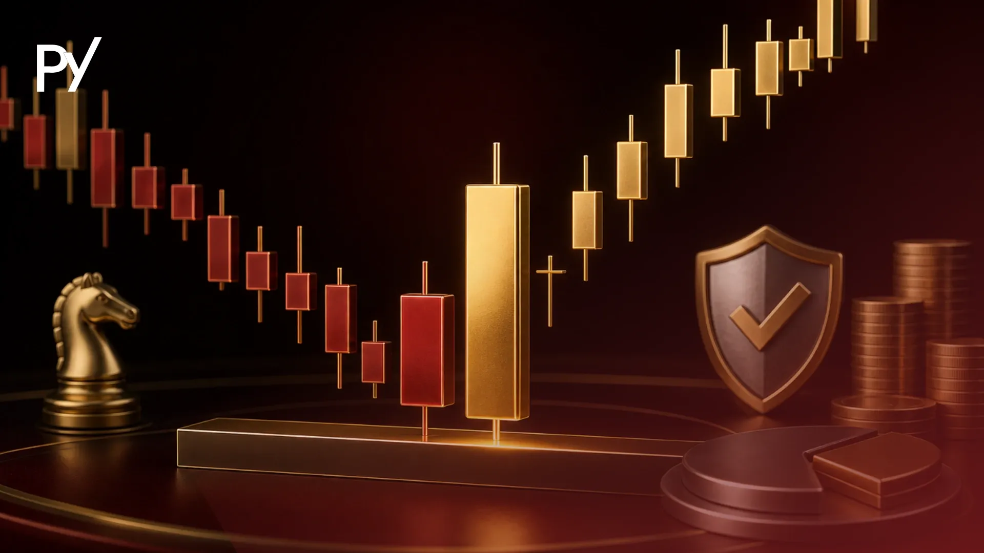 Conceptual cover illustration of a bullish engulfing candlestick pattern showing buying momentum and risk protection.