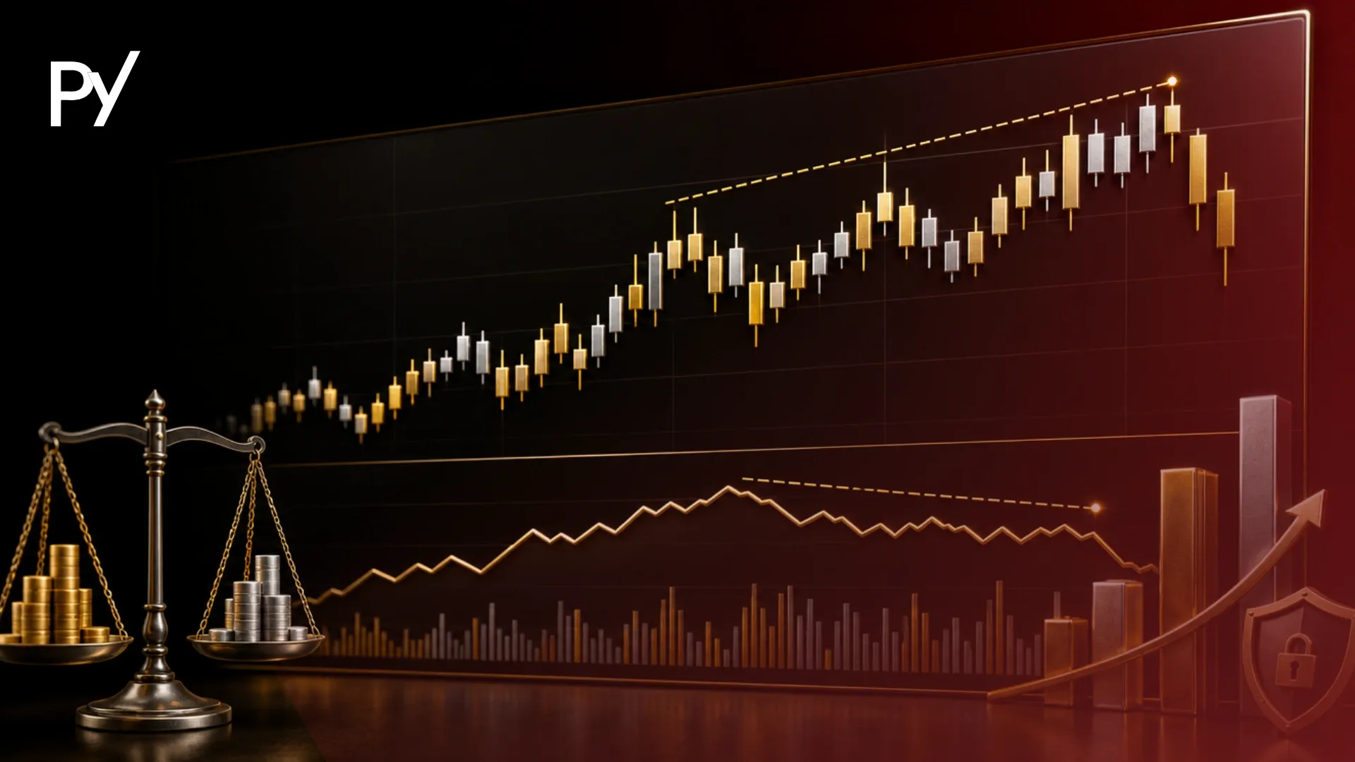 3D graphic of an OBV indicator divergence line on a chart beside a brass scale and a locked risk shield.