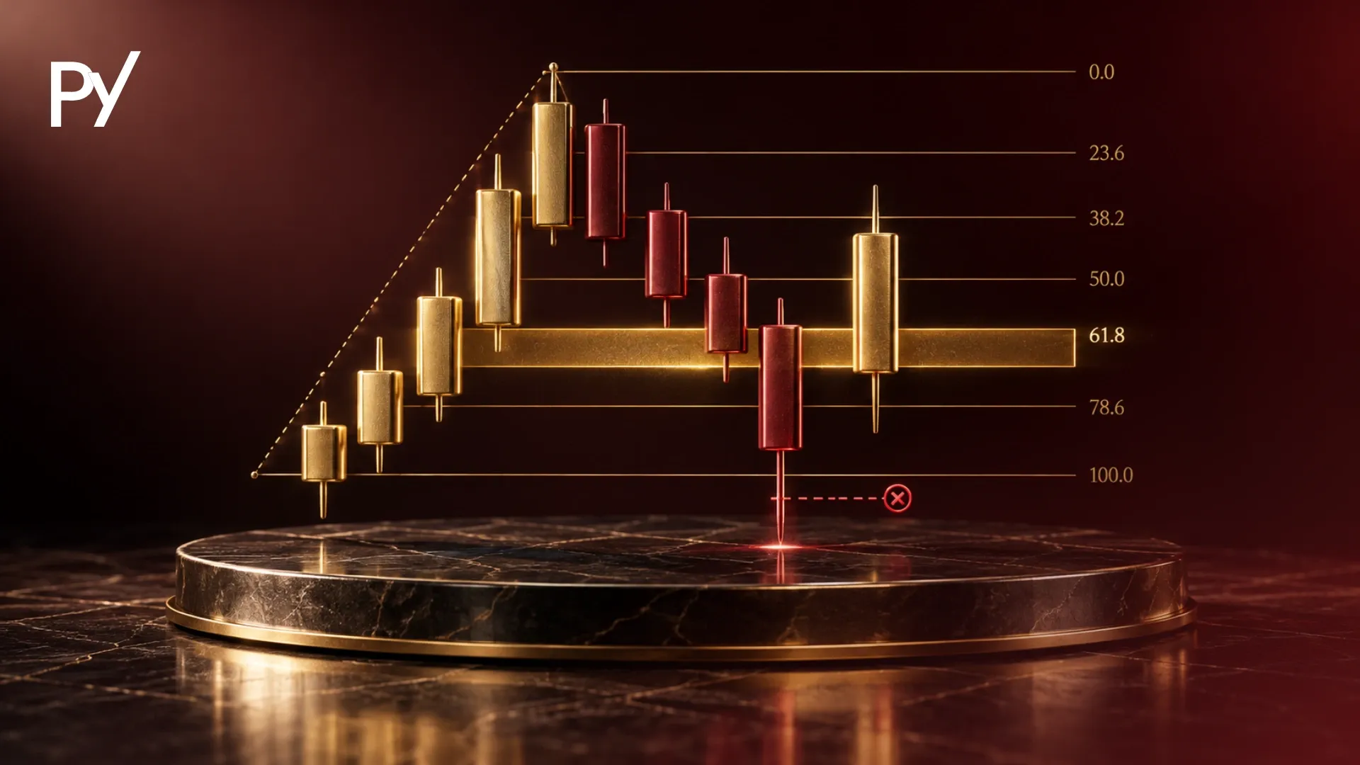 Candlesticks showing Fibonacci retracement levels, a highlighted 61.8% support zone, and a sharp liquidity sweep below a stop-loss level, emphasizing pullback risks and trading risk management.