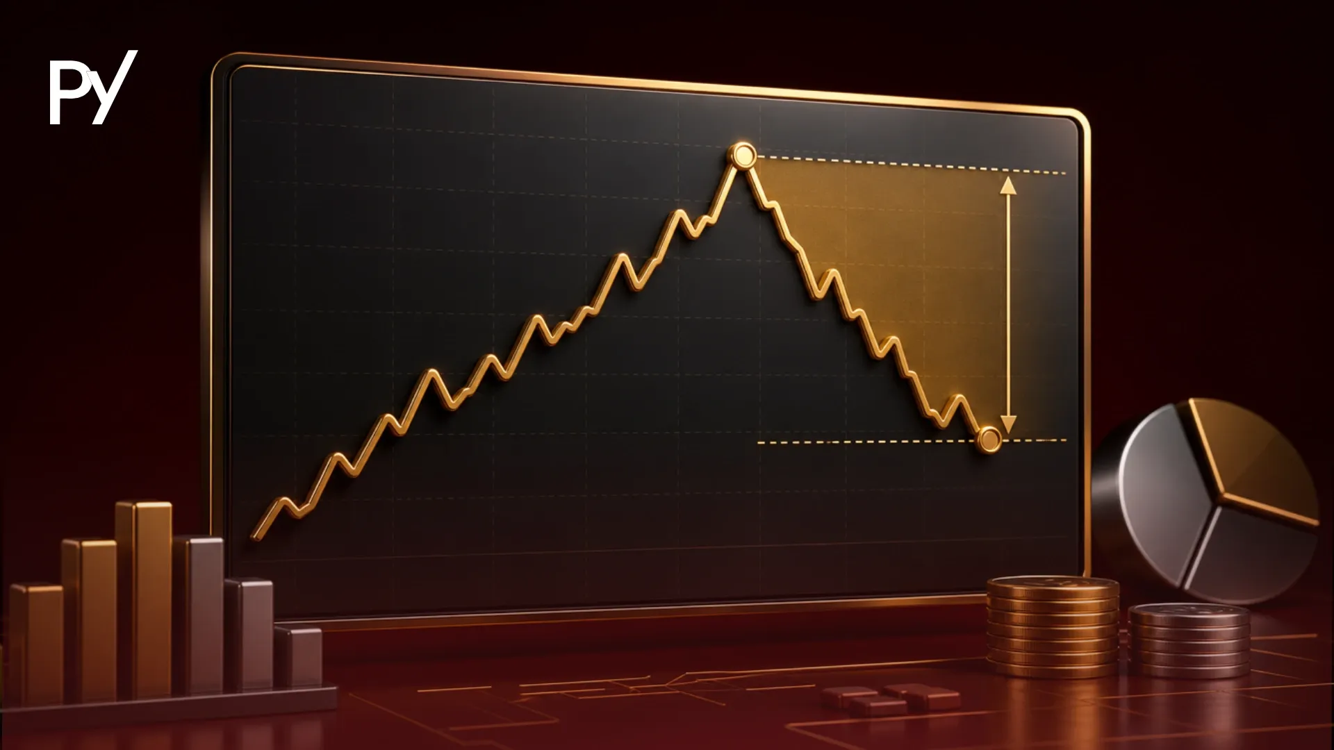 Chart showing an equity curve peak and maximum drawdown limit in a prop trading account.