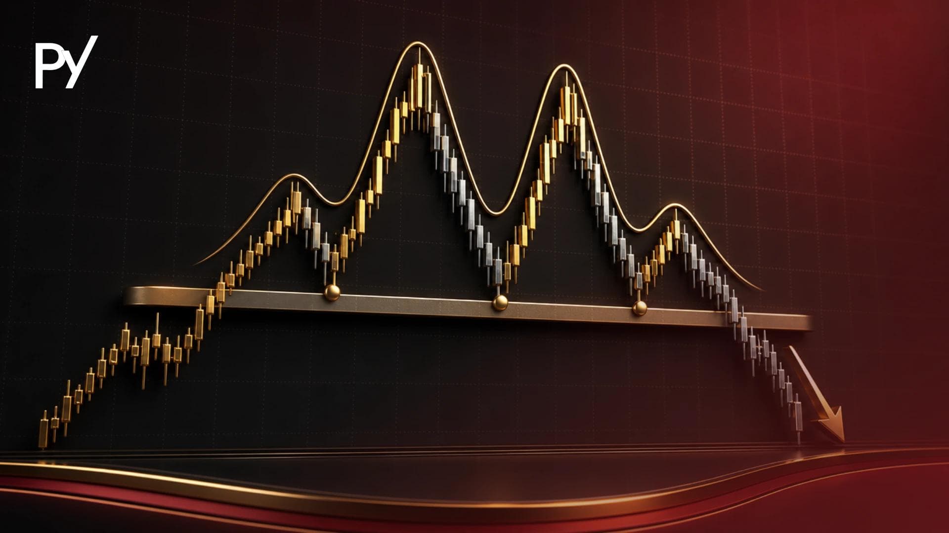 Technical chart diagram of a double head and shoulders pattern with twin central peaks and neckline support zone.