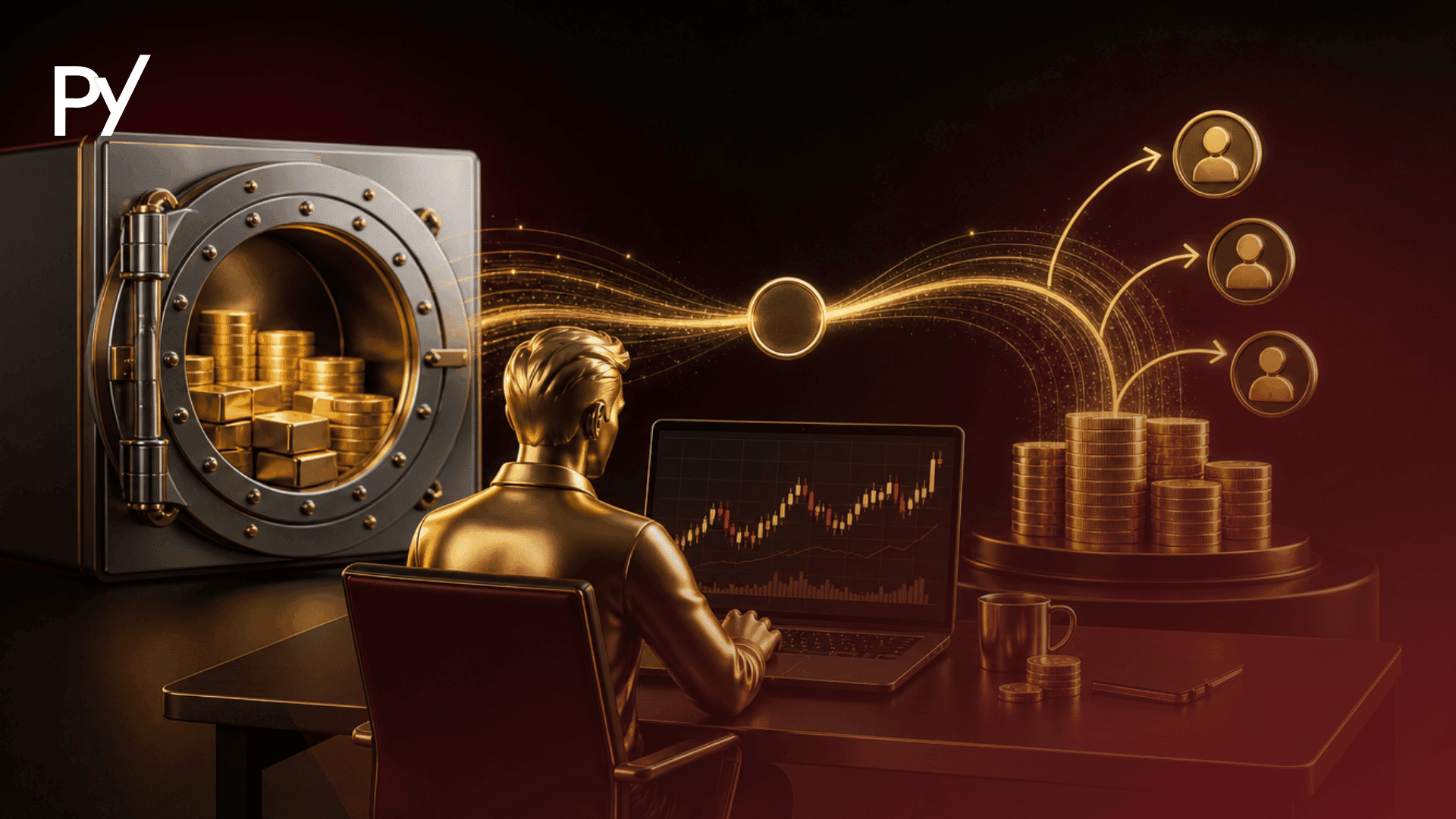 Conceptual graphic showing a funded trader working at a laptop, linking prop firm capital to profit split payouts.