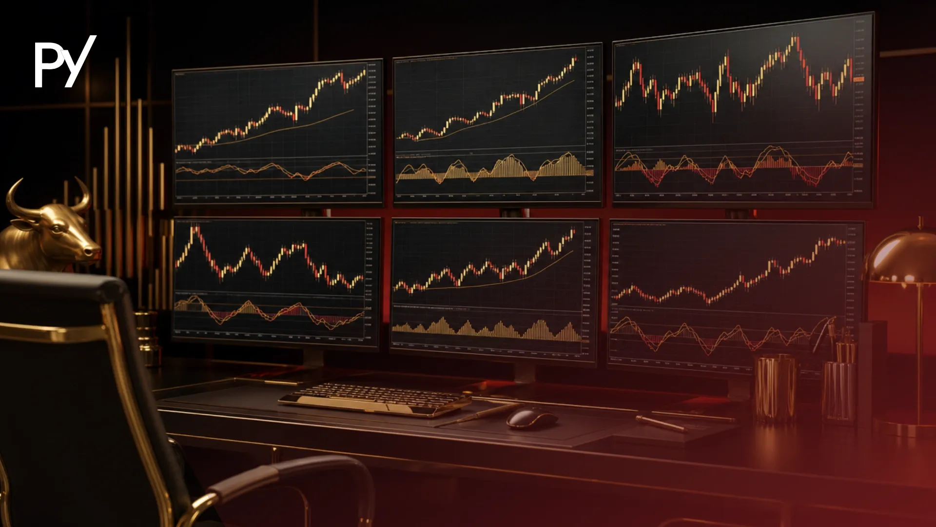 Conceptual cover illustration of momentum indicators tracking trend strength across a multi-monitor prop desk setup.