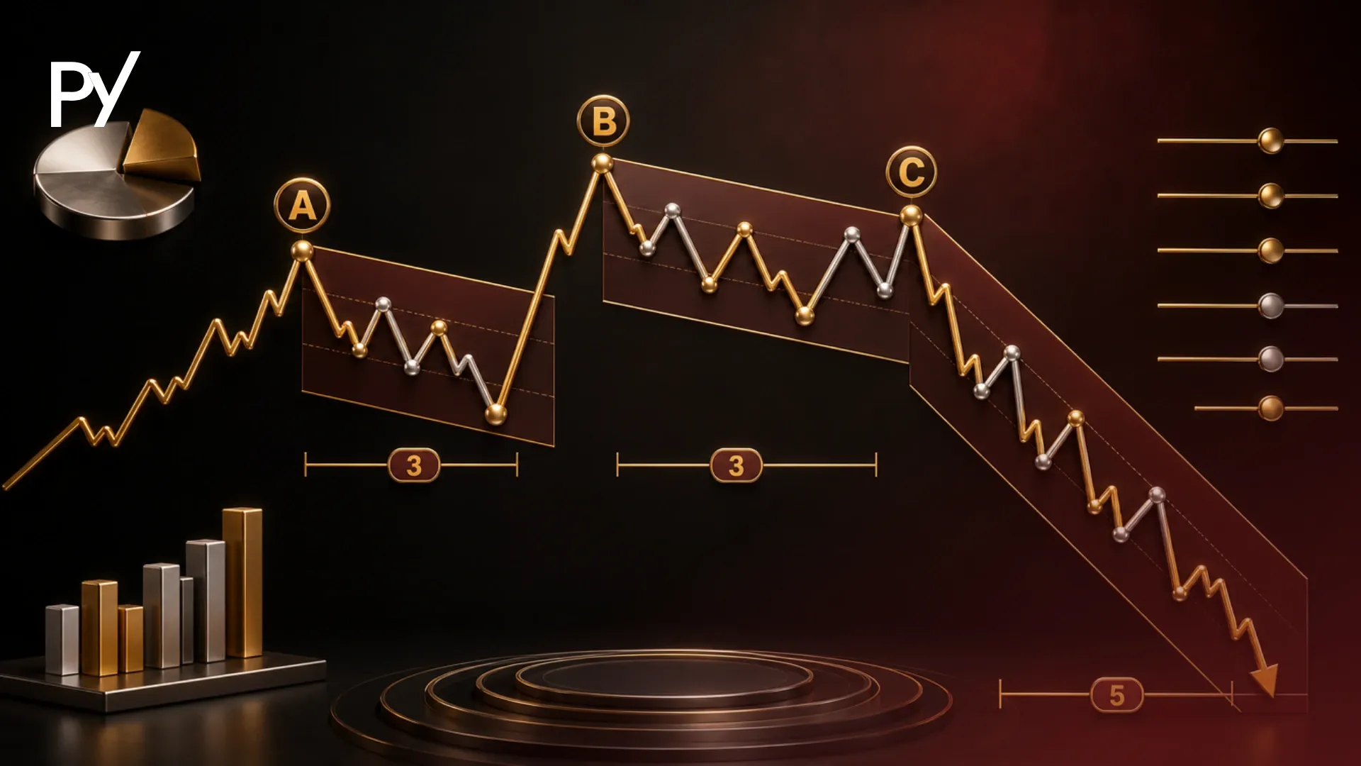 Gold zigzag price chart with channel lines and an upward arrow, illustrating an expanded flat Elliott Wave correction.