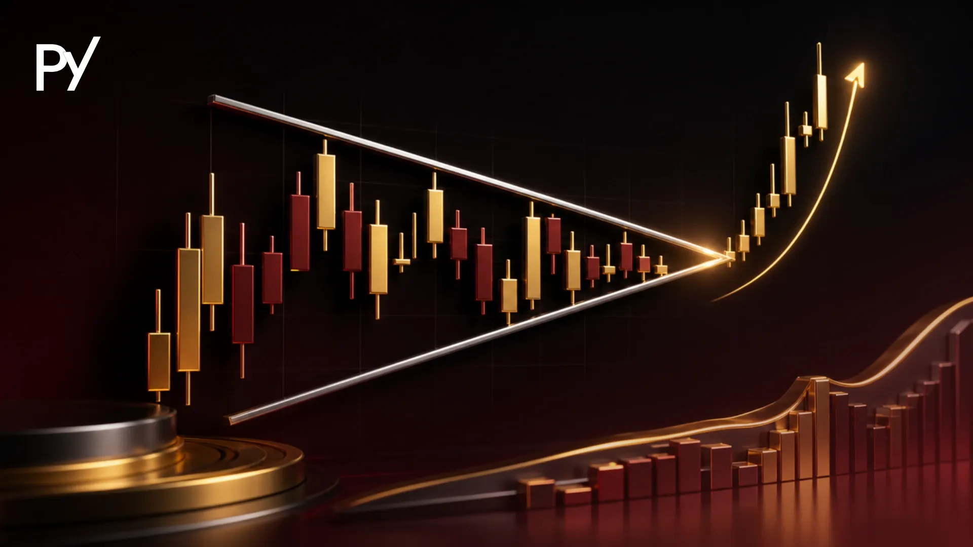 Symmetrical triangle chart pattern showing converging trendlines and price consolidation coiling toward an apex breakout.