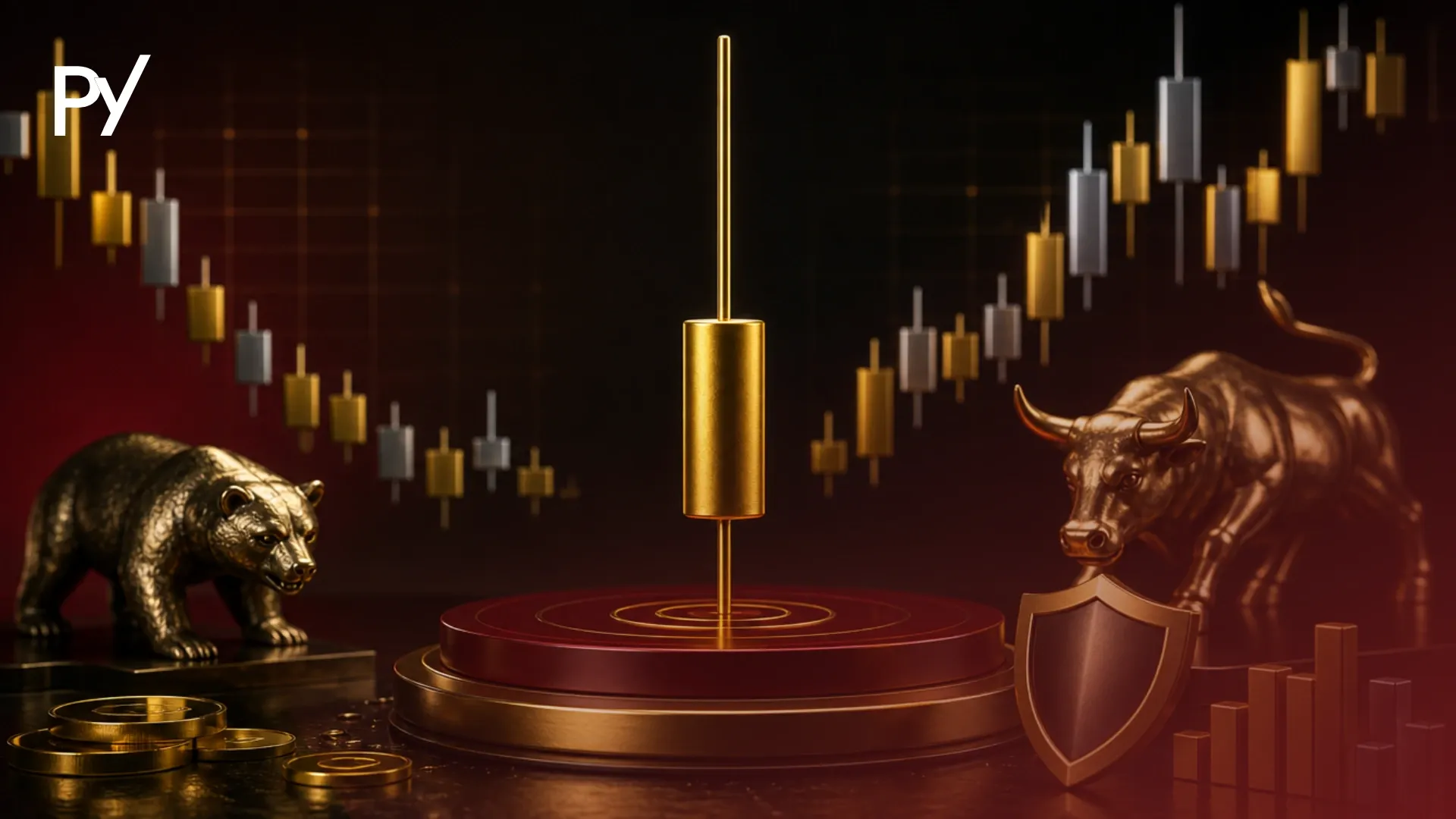 Conceptual cover illustration of a pin bar candlestick pattern showing price rejection and market trend reversal.