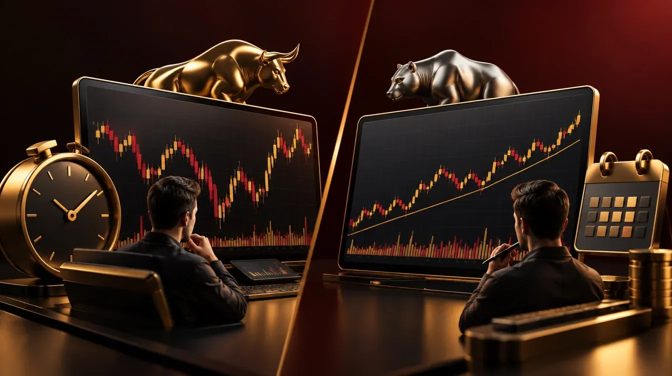 comparing a day trader watching intraday charts with a swing trader reviewing a multi-day trend, for swing trading vs day trading