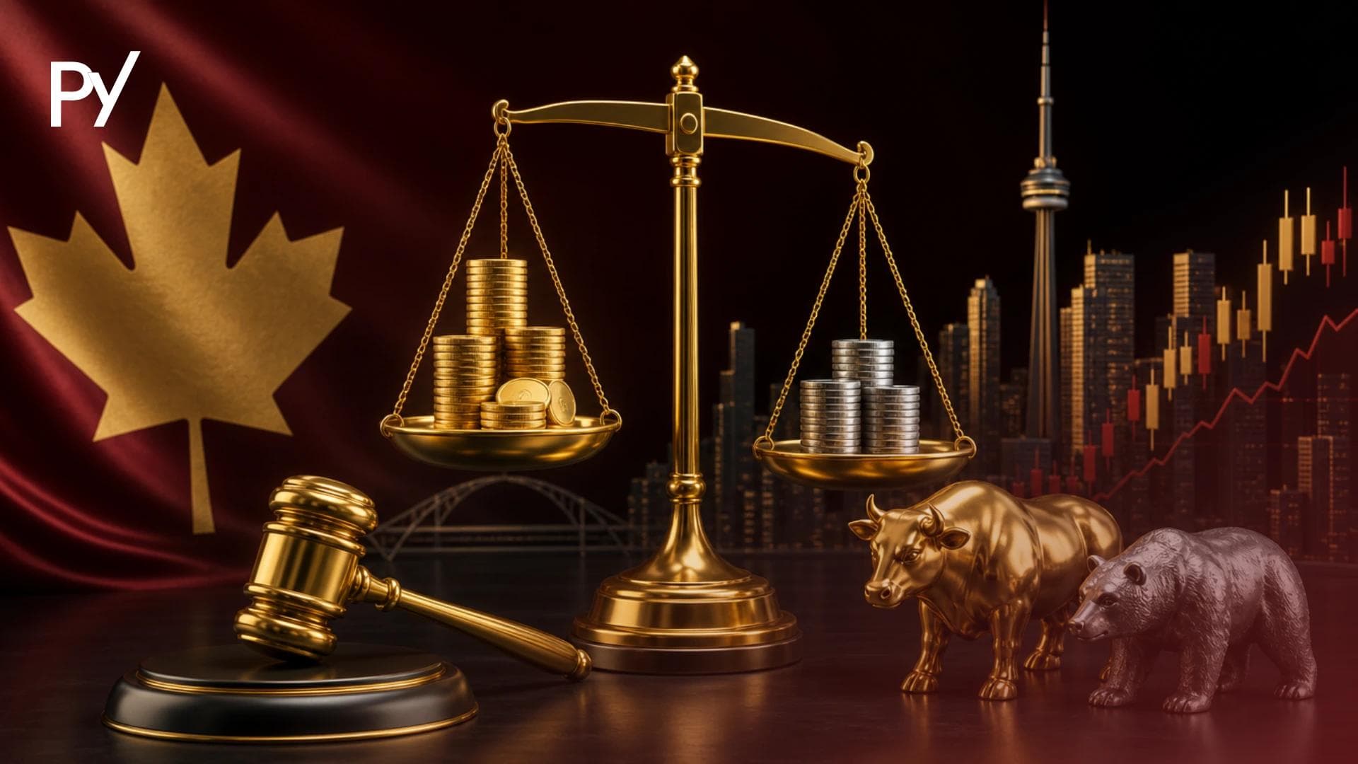 Legal gavel, scale with coins, and bull and bear figurines set against a Canadian flag background.