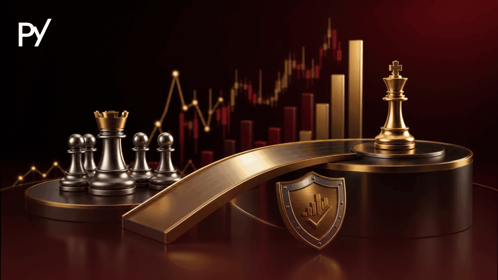 Conceptual illustration of prop firm trading strategies featuring chess pieces advancing toward a gold king under a risk shield.