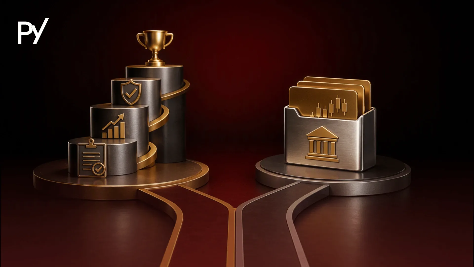 Conceptual prop trading illustration comparing an evaluation challenge pathway topped with a trophy against a direct funding option.