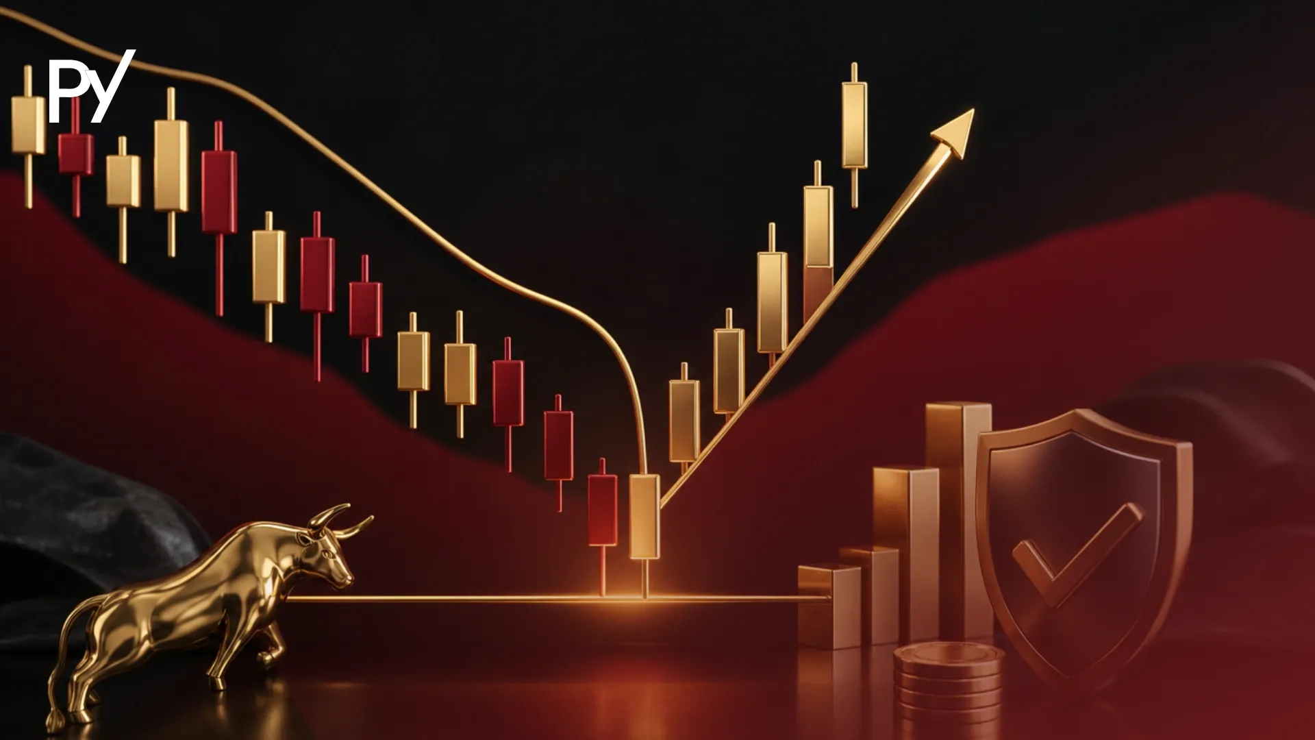 3D graphic of a trend reversing into a gold breakout arrow with a golden bull statue, coins, and a checkmark shield.