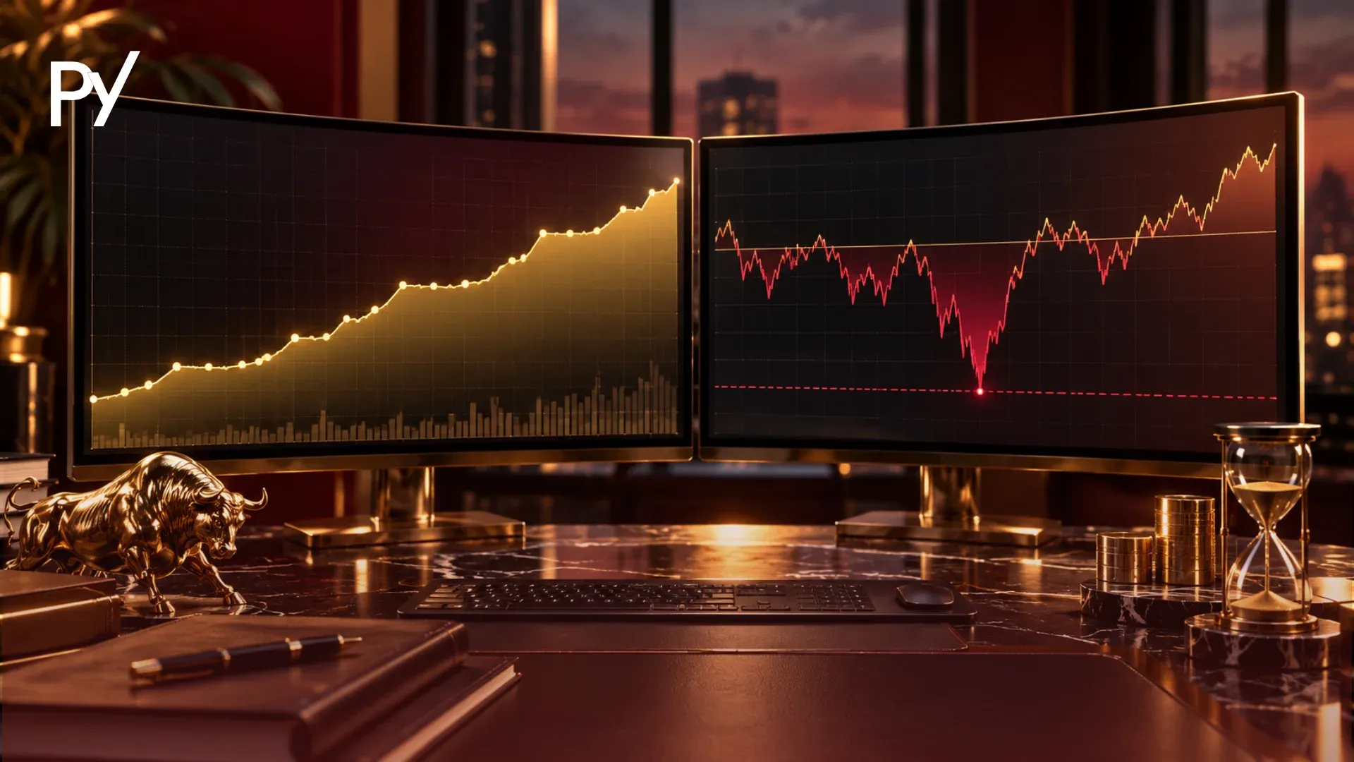 Dual trading monitors comparing a smooth rising balance curve with a volatile floating equity curve dipping toward a drawdown limit
