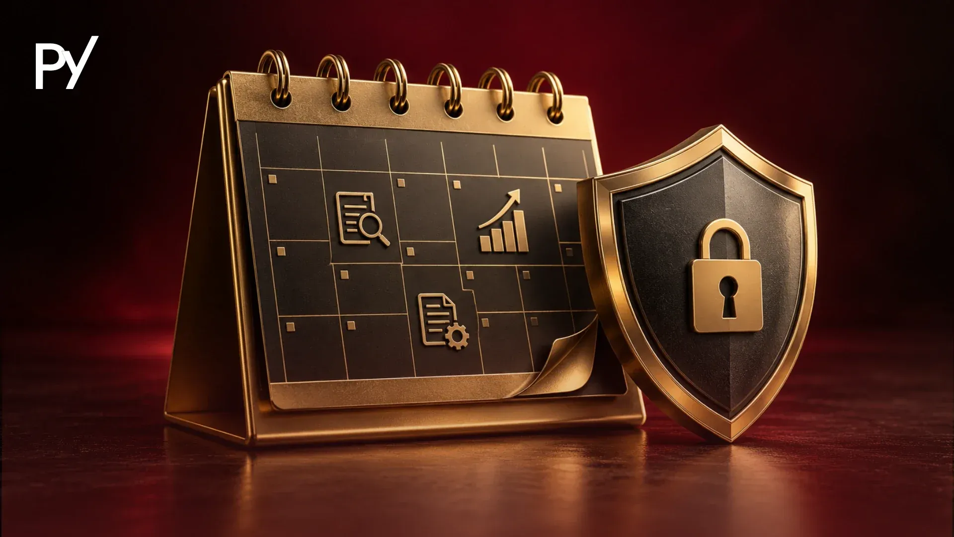 Gold desk calendar beside a padlocked shield, illustrating prop firm year end evaluation deadlines and holiday trading rules