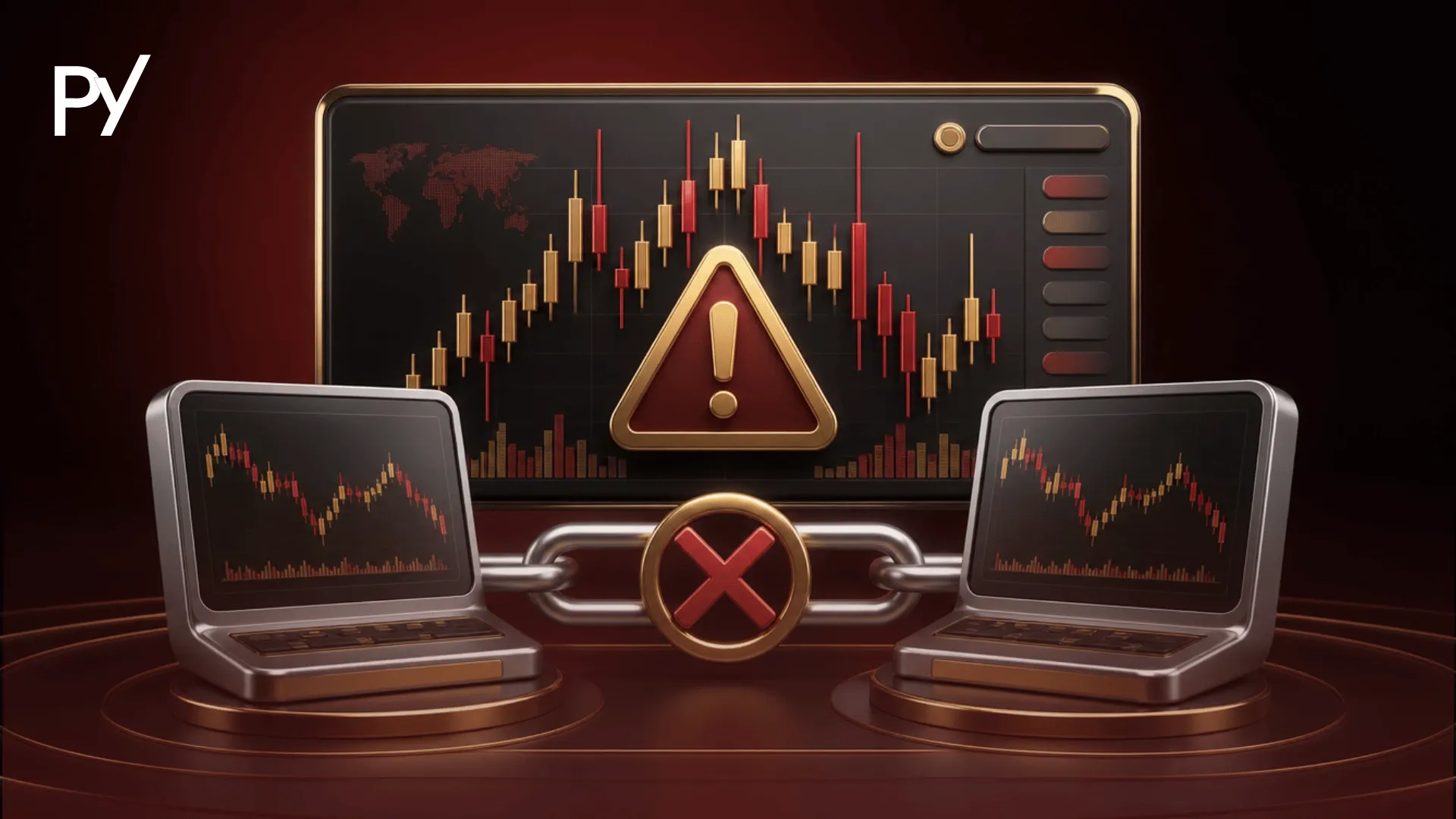 Conceptual illustration of prohibited prop firm strategies featuring linked trading monitors broken by a red restriction symbol.