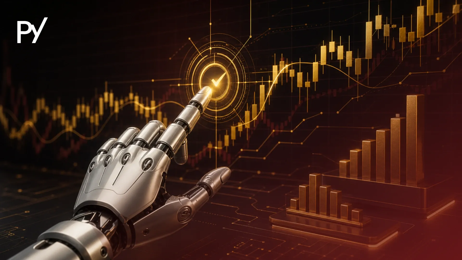 Robotic hand pressing a over financial candlestick charts, illustrating prop firm EA and bot usage.