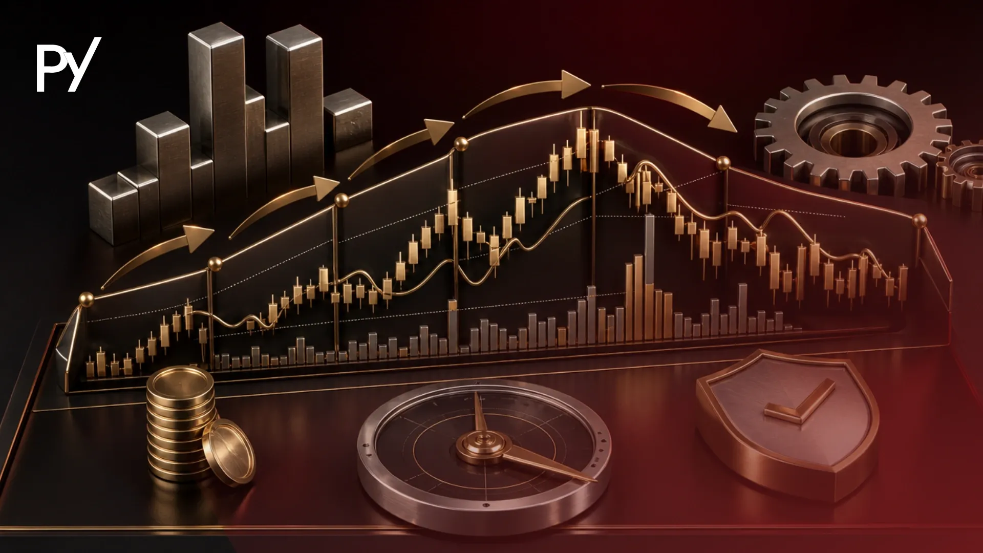 3D graphic of a Wyckoff accumulation and distribution cycle chart with a risk shield, compass, and gears.