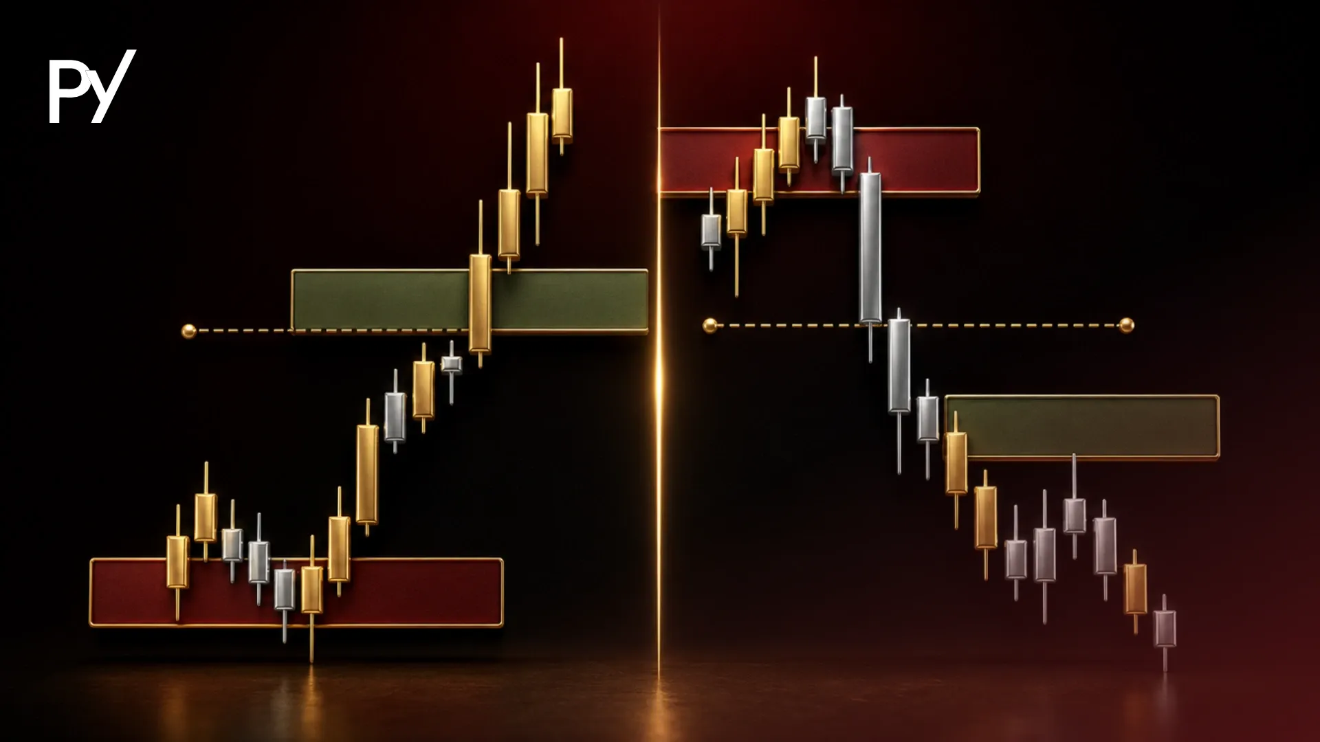 Breaker block vs. order block structural price chart comparison showing trend continuation versus polarity reversal.