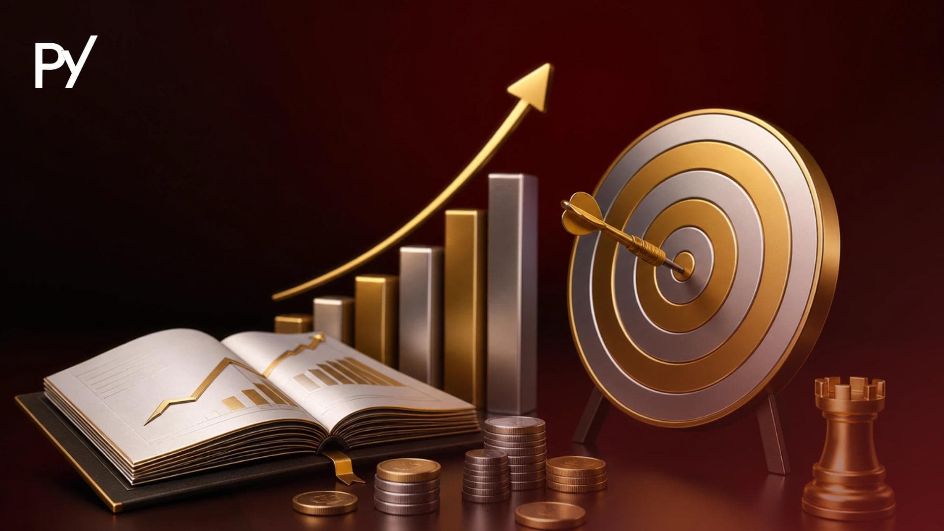Target with a dart in the bullseye, bar chart, open book, and coins illustrating the consistency rule in prop trading.