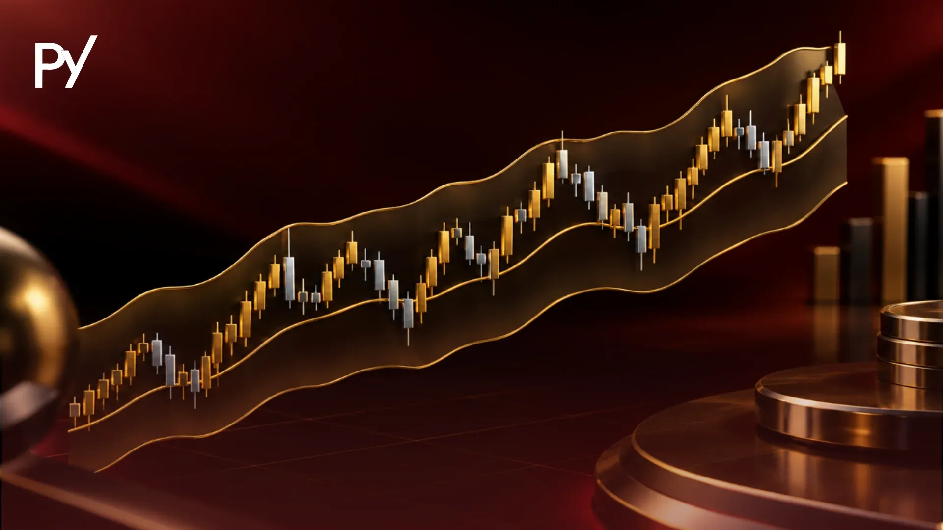 Chart showing candlesticks moving inside a Keltner Channel envelope with smooth upper and lower ATR bands
