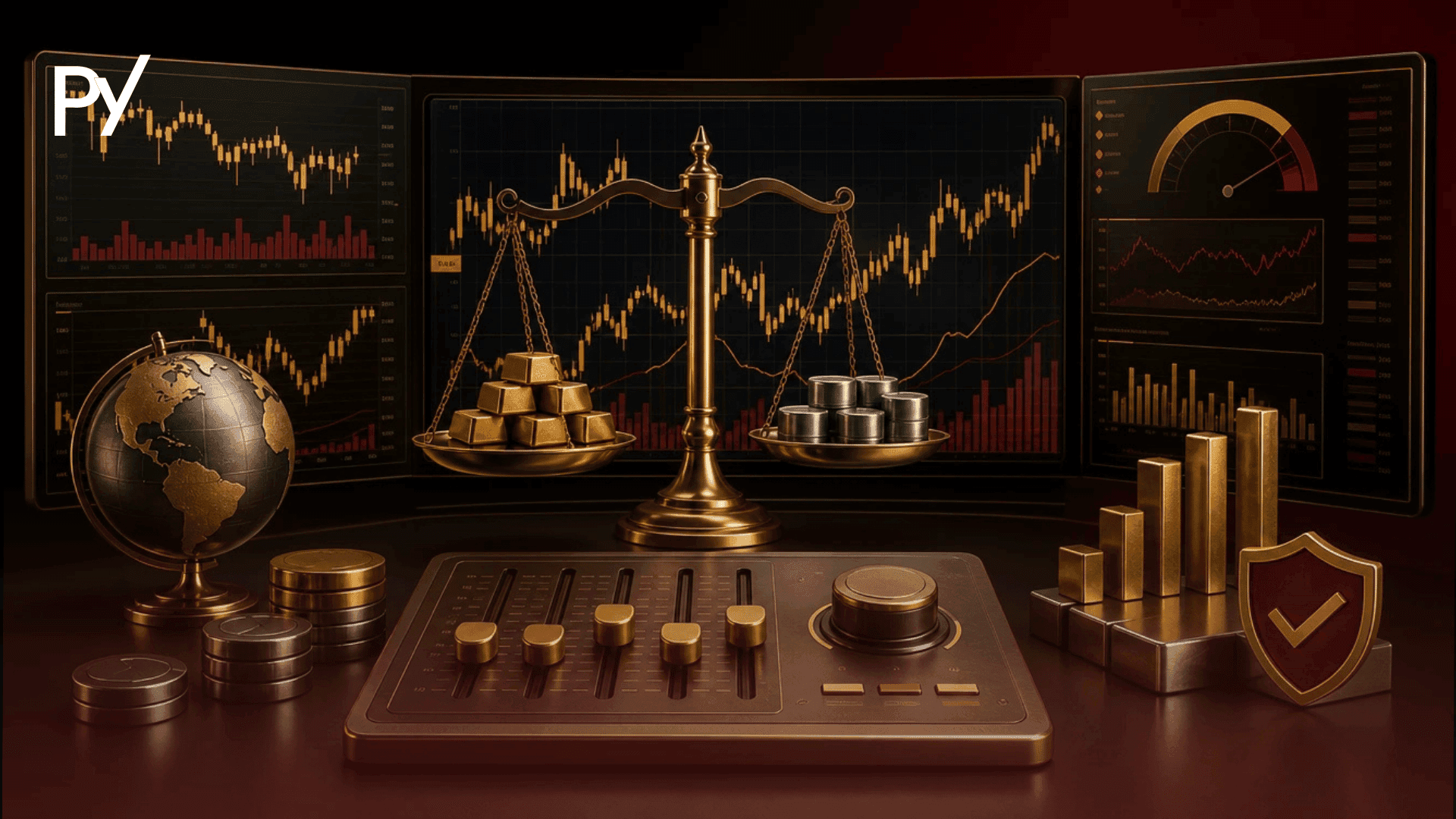 Conceptual illustration of futures trading risk management featuring multi-screen analytics, a balance scale, and control sliders.