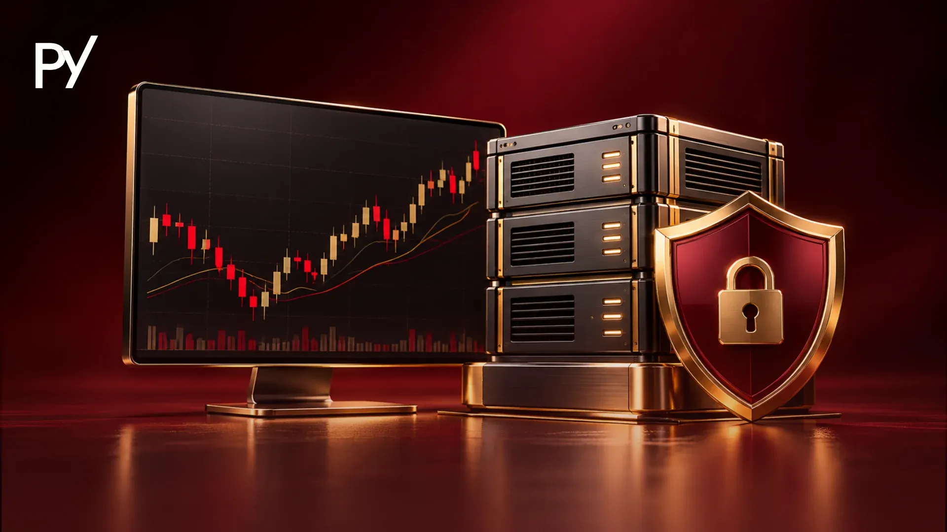 Monitor with a forex candlestick chart beside a server rack and a locked shield for expert advisor risk control