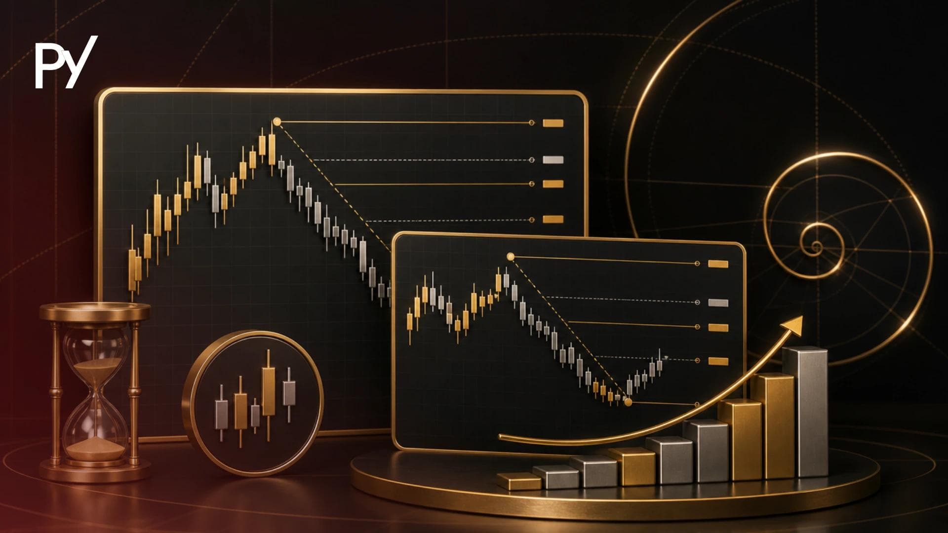 Multi-timeframe trading screen displaying Fibonacci retracement levels across higher and lower chart timeframes.