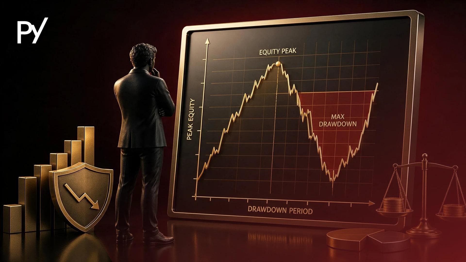 Line graph showing peak-to-trough drawdown calculation, from equity peak to trough, in a trading account