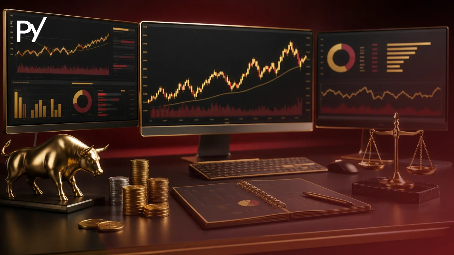 Conceptual cover illustration of a professional day trading setup featuring capital stacks, analytics screens, and risk metrics.
