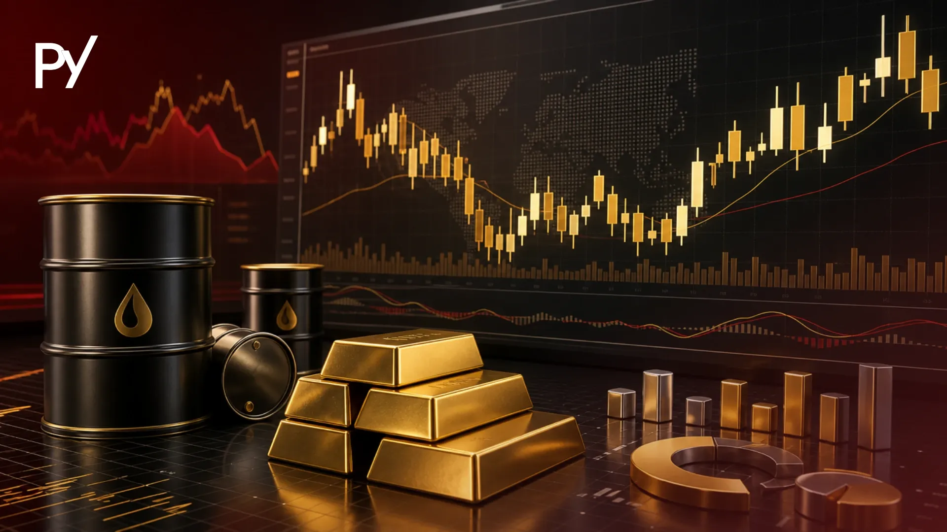 Commodity trading basics diagram featuring crude oil and gold derivative contracts for funded account traders.