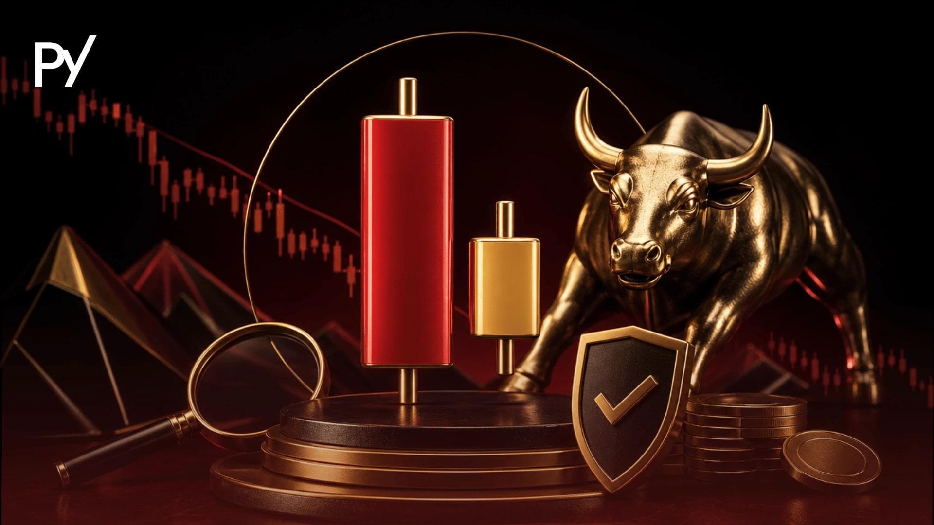 Conceptual cover illustration of a bullish harami candlestick pattern featuring 3D candlestick models, a charging golden bull, and a protective shield.