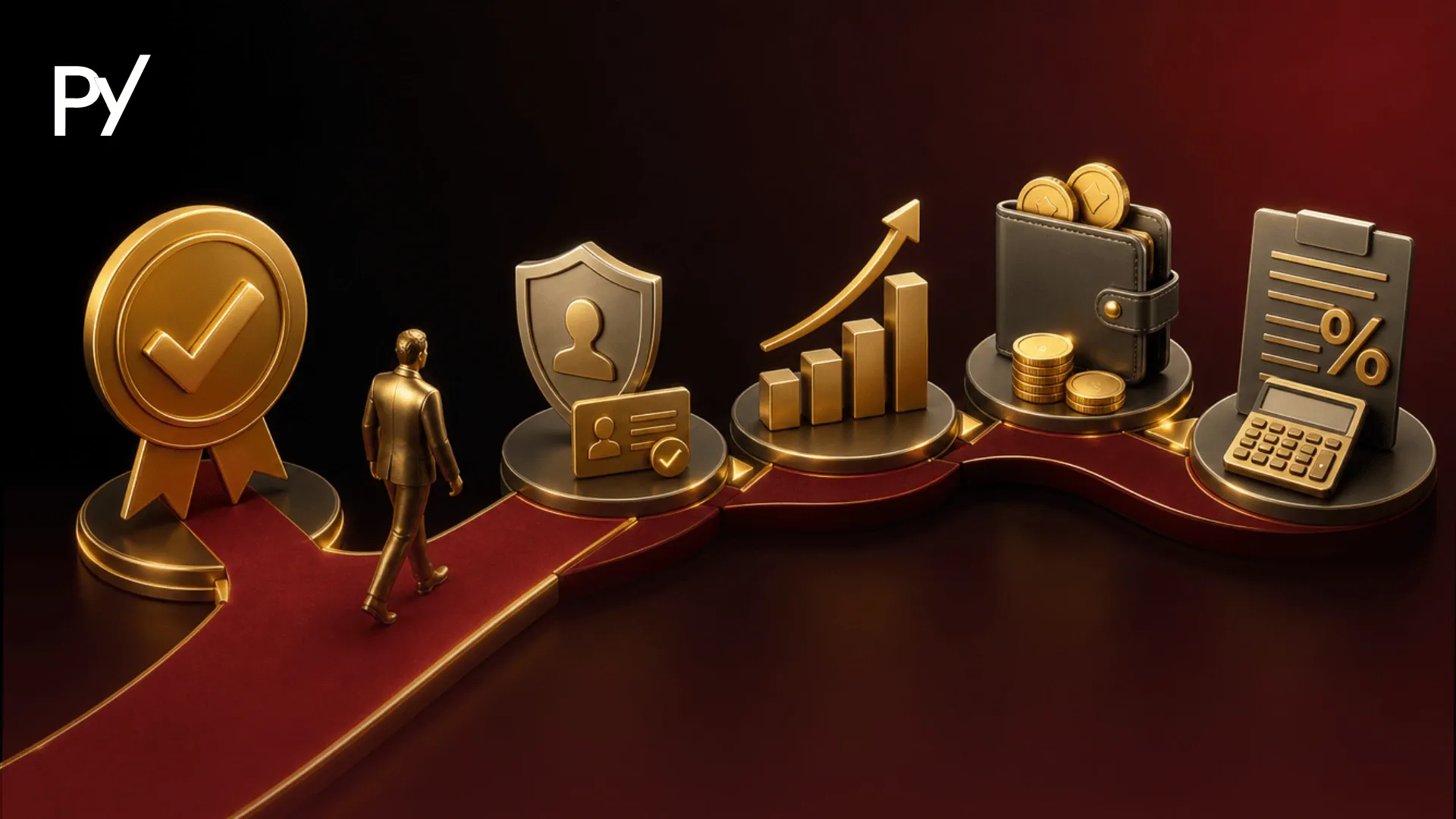 A flat, clean illustration showing a trader progressing from a challenge passed certificate to a structured growth roadmap covering verification, scaling, payouts, and taxes.
