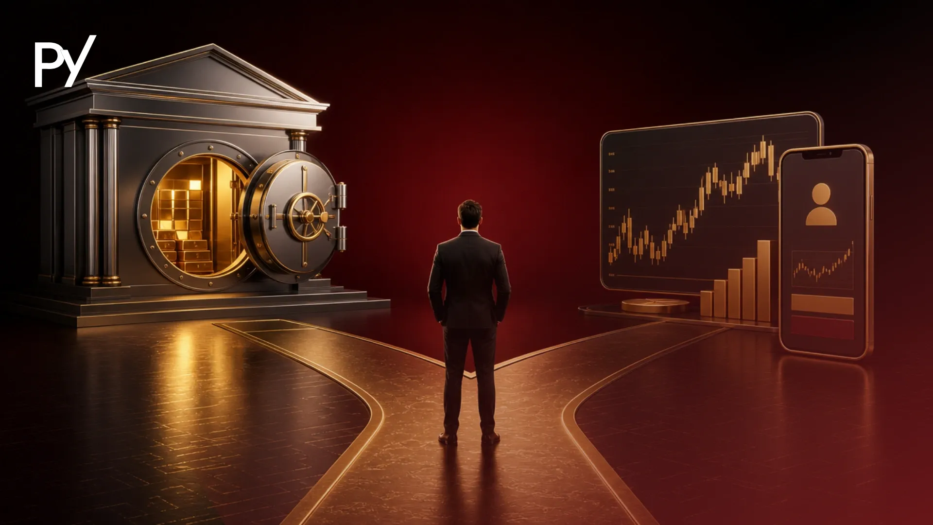 Trader choosing at a crossroad between a traditional bank vault and digital trading charts, illustrating prop firm vs broker.