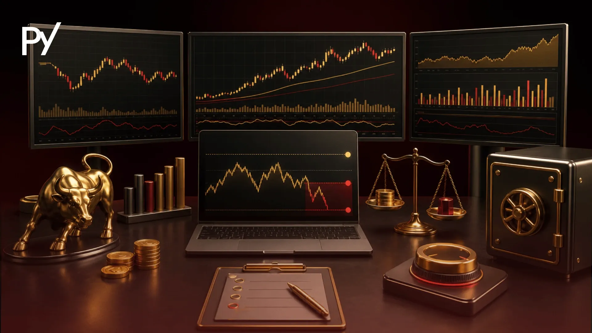 Conceptual illustration of day trading risk management featuring multi-monitor trading setups, scales, a safe, and a trade checklist.