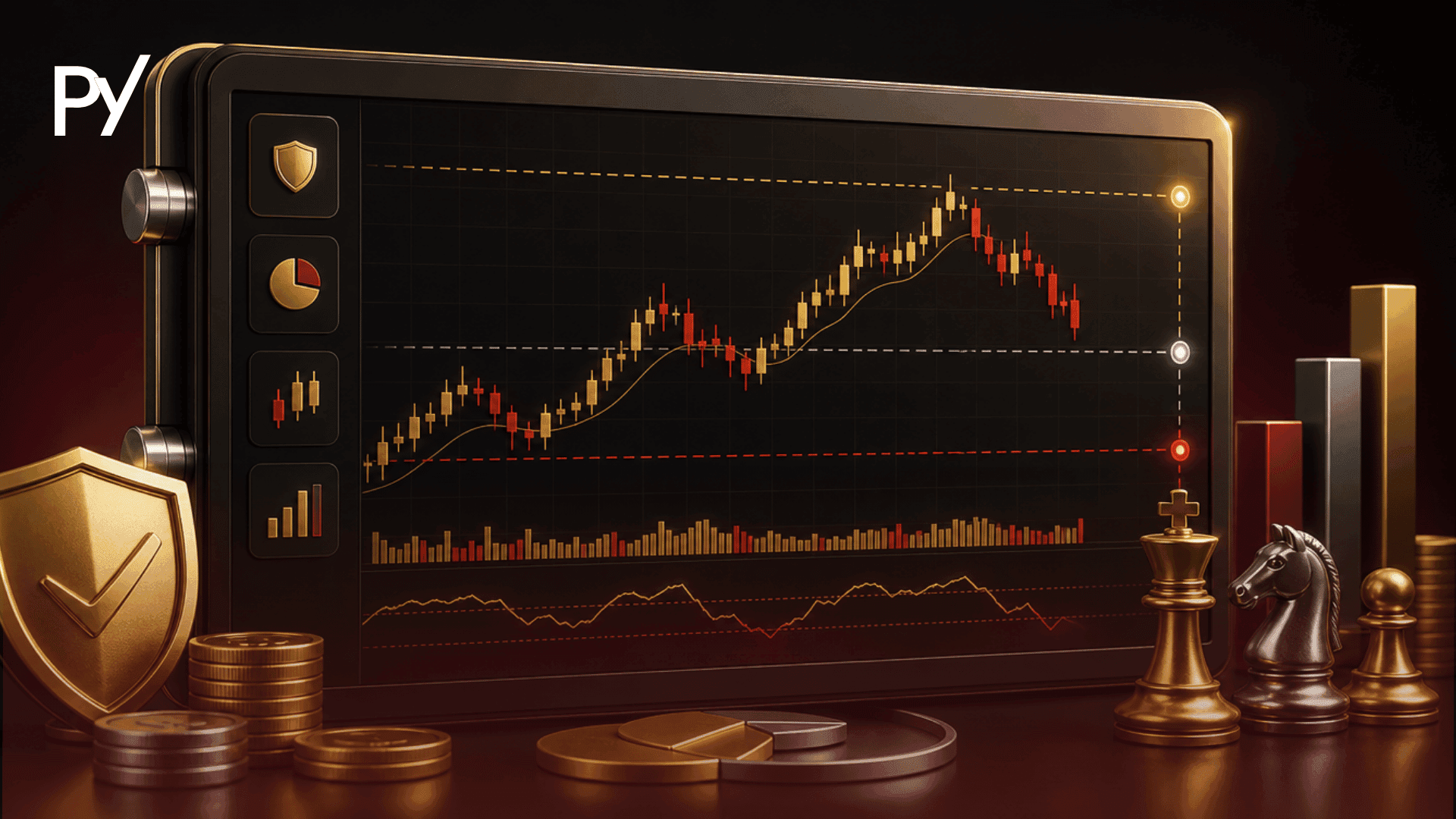 Conceptual illustration of swing trading risk management featuring a market chart screen, chess pieces, and protective shields.