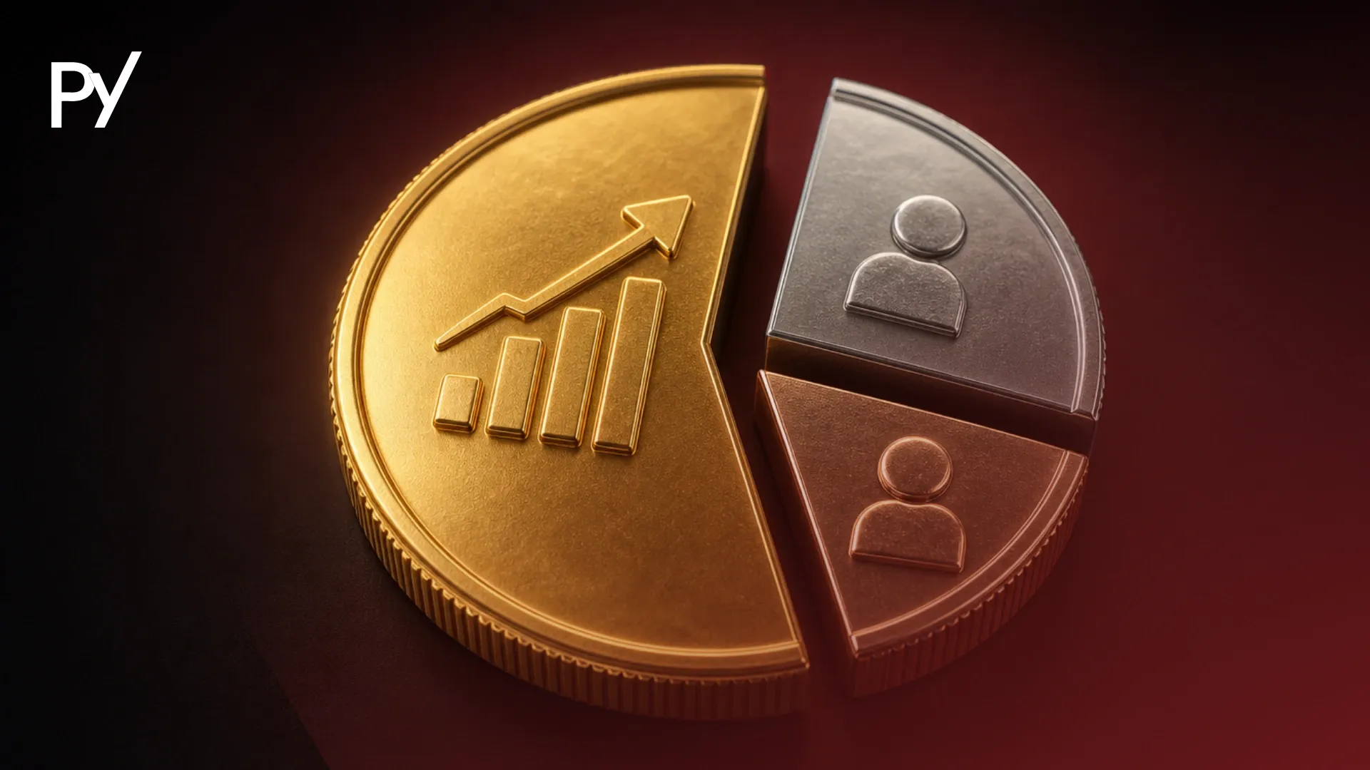 Large gold coin split into pie chart sections showing growth charts and user icons, representing prop firm profit splits.