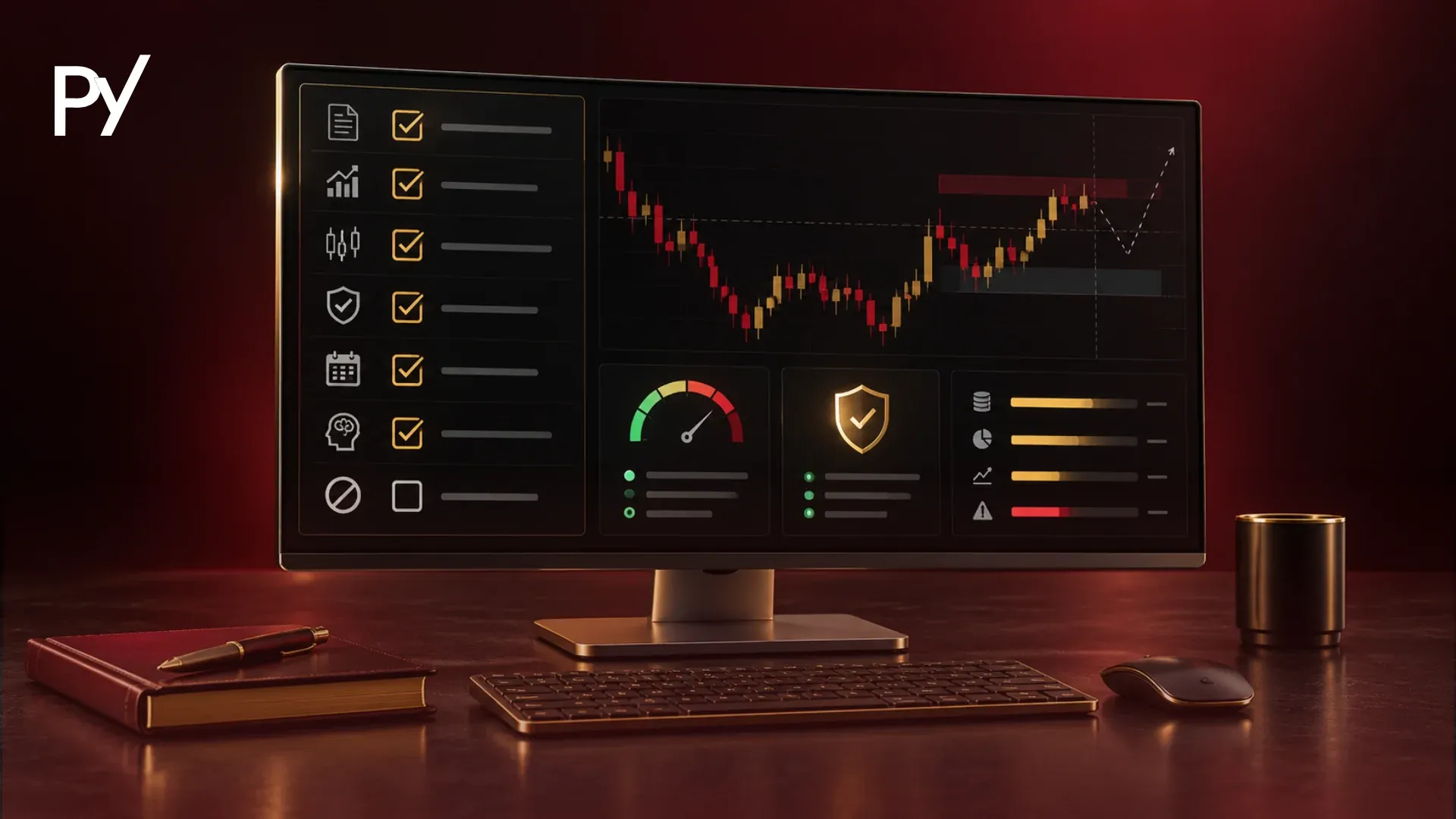 Trading checklist dashboard on a monitor showing checked items, a price chart and risk gauges
