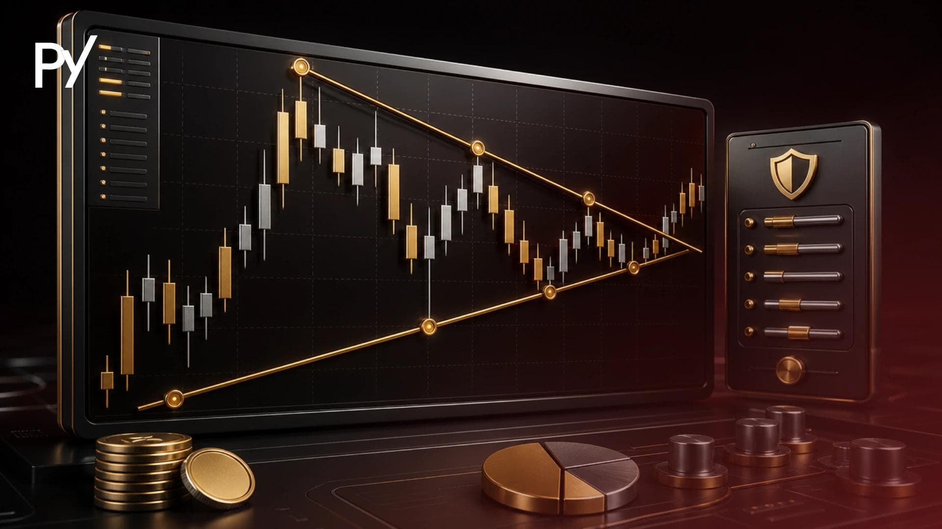 Dynamic trendline support and resistance levels on a price chart with risk parameters.