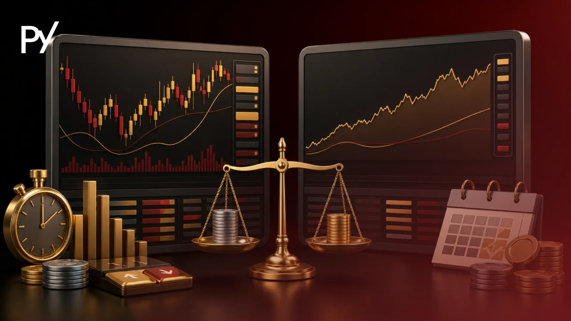 Conceptual cover illustration contrasting day trading speed and execution against swing trading multi-day horizons using a golden balance scale.