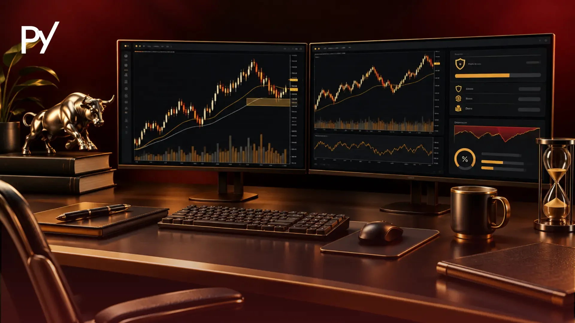 Modern prop trading workspace with swing trading charts on dual monitors
