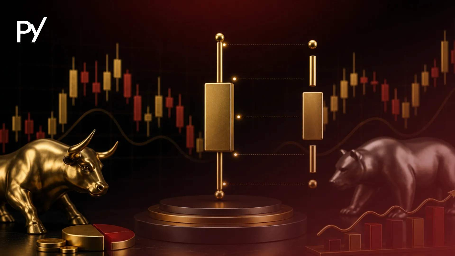 Conceptual cover illustration of candlestick anatomy, showing real body and wick components for trading analysis.