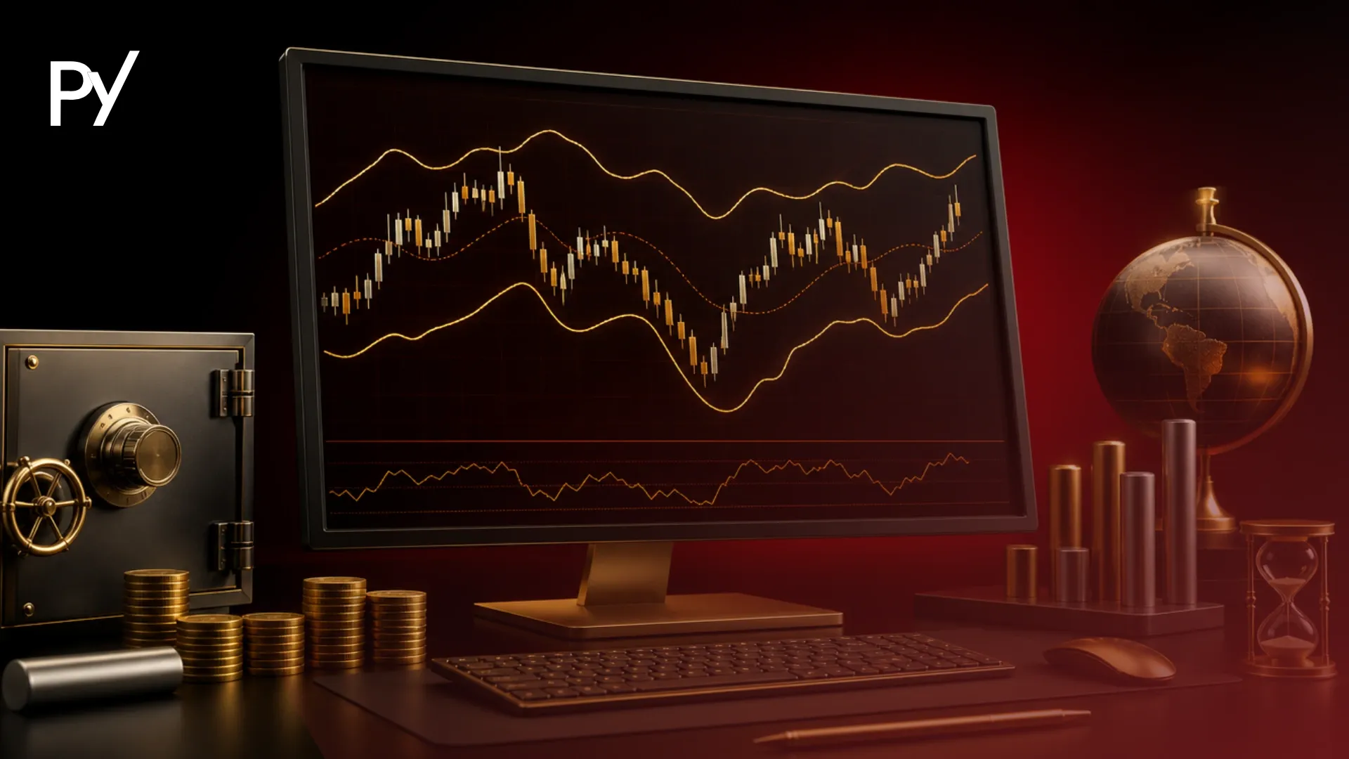 Conceptual cover illustration of Bollinger Band volatility mechanics and prop account capital protection.