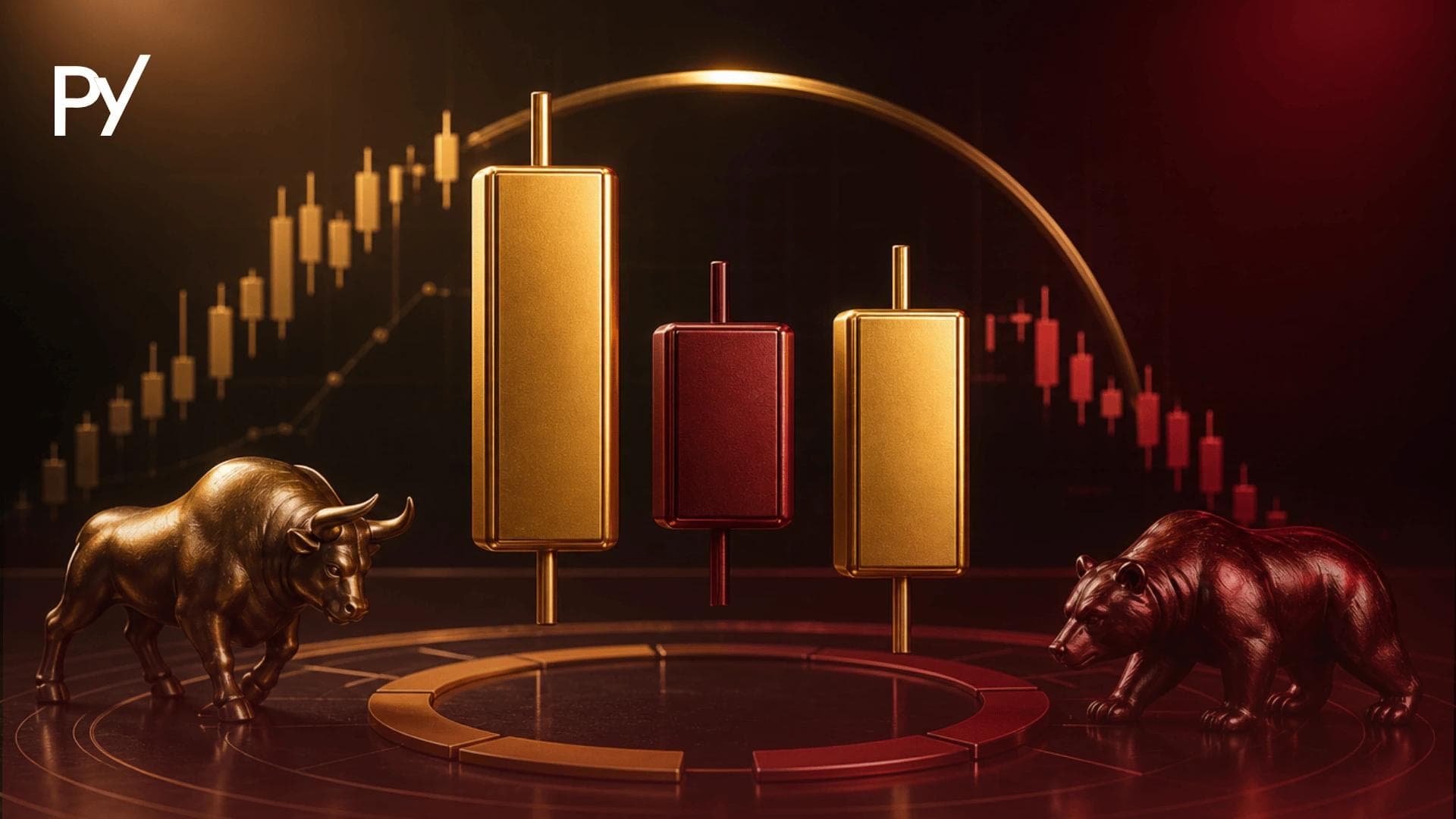 Conceptual cover illustration of an evening star candlestick pattern showing a 3-candle bearish reversal setup.