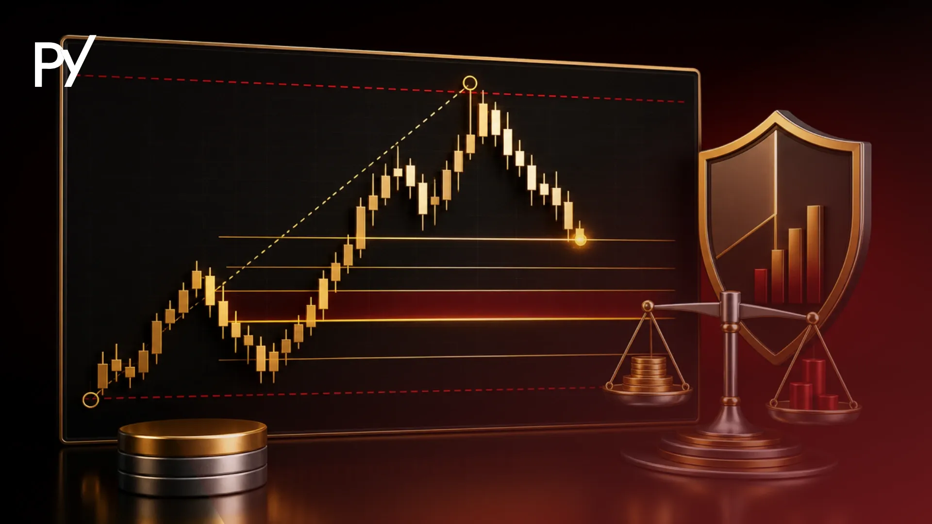Technical trading chart showing Fibonacci retracement levels with risk management boundaries for funded accounts.