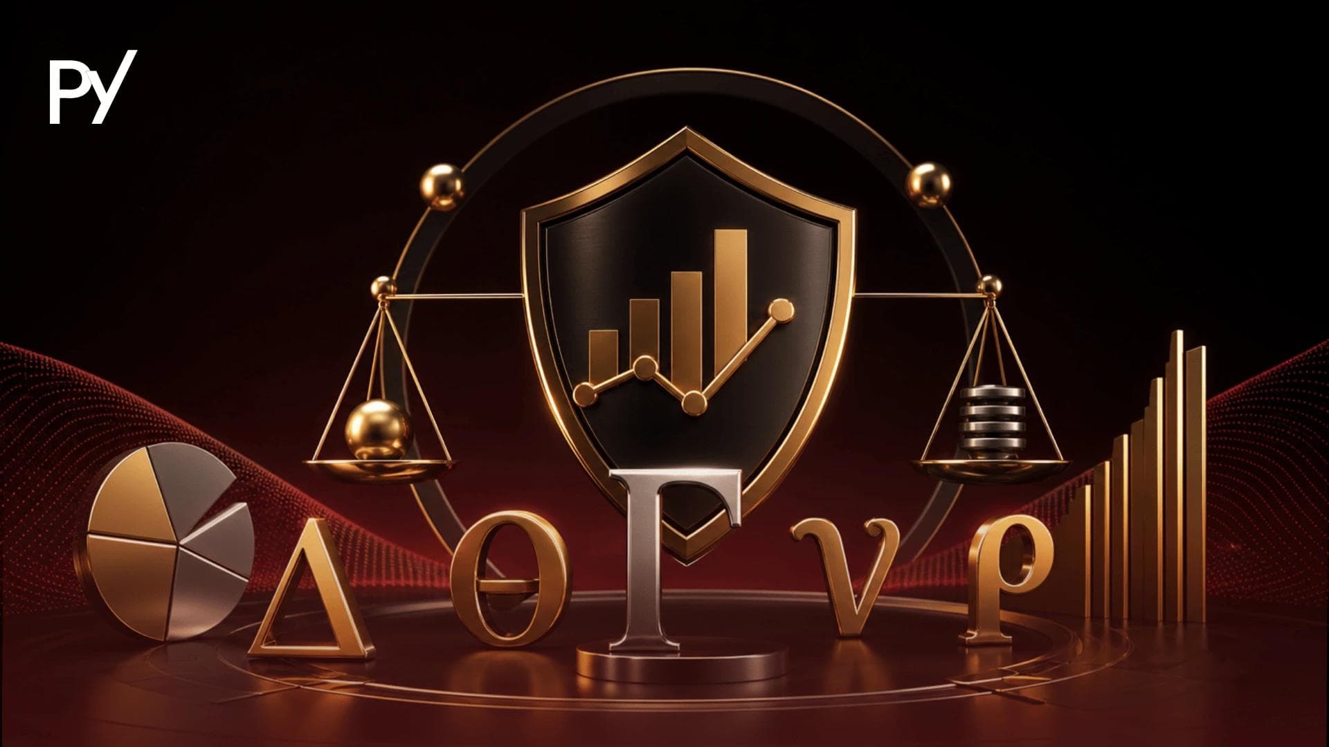 Conceptual illustration of options trading risk management featuring golden options Greeks, a central shield, and balance scale.